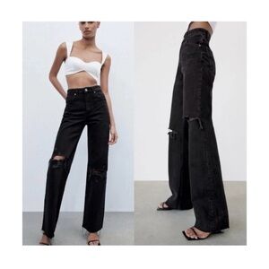 Zara TRF High Rise Full Length Wide Leg Black Jeans